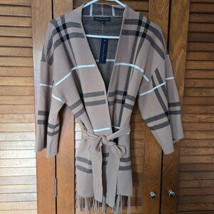 NWT Women's Adrienne Vittadini Beige Striped Fringed Open Cardigan 3/4 Sleeves M